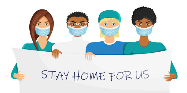 Vector illustration of group of doctors in masks Vector illustration of group of doctors in masks. Medical workers holding banner with phrase. Stay home for us, social health care in virus outbreak. Quarantine campaign to prevent spread of COVID-19 nurse clipart stock illustrations