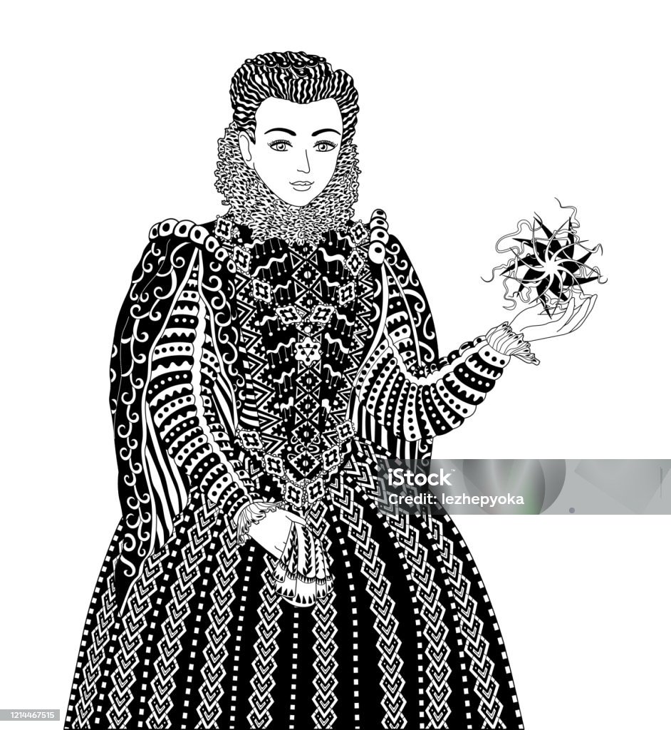 Coloring Book For Adults With Beautiful Medieval Lady Stock