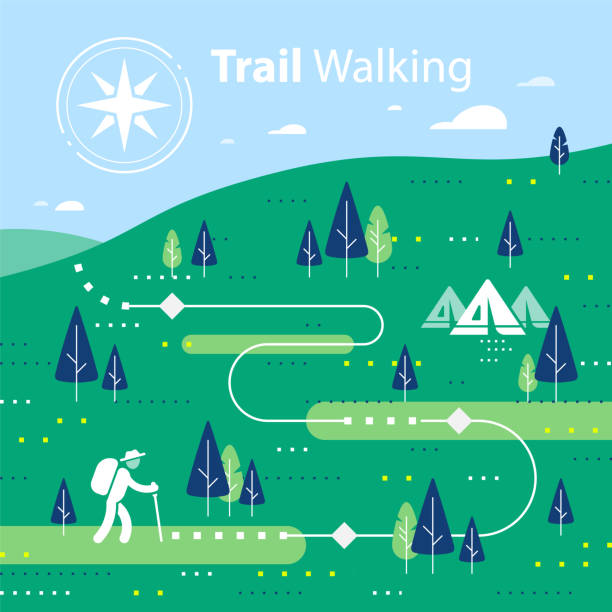 Hiking map, forest trail, running or cycling path, orienteering game, lush landscape with hills and trees Hiking map, forest trail, running or cycling path, orienteering game, lush landscape with hills and trees, ecological environment, summer park camp, vector flat design illustration road map illustrations stock illustrations