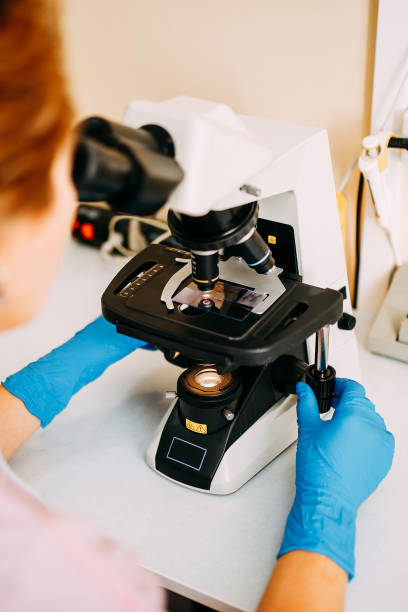 istock Blood test process in laboratory. Doctor looking through a microscope. Coronavirus blood testing. 1214467818