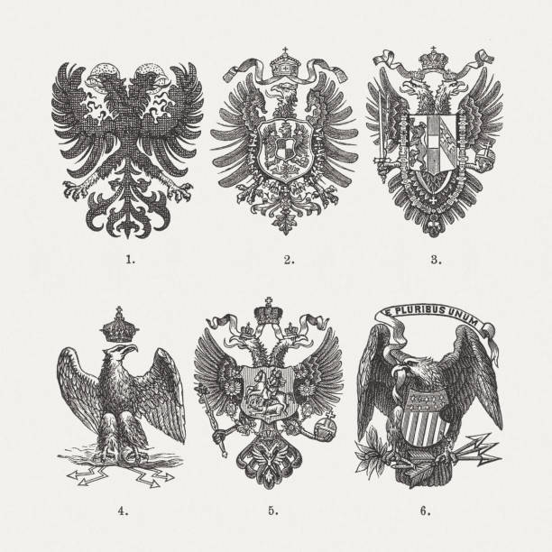 ilustraciones, imágenes clip art, dibujos animados e iconos de stock de águilas imperiales históricas, grabados en madera, publicados en 1893 - eagles