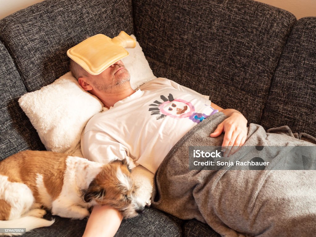 Man Over 40 With A Hot Water Bottle On His Head And A Dog Lying On The Sofa  Corona Virus Stock Photo - Download Image Now - iStock