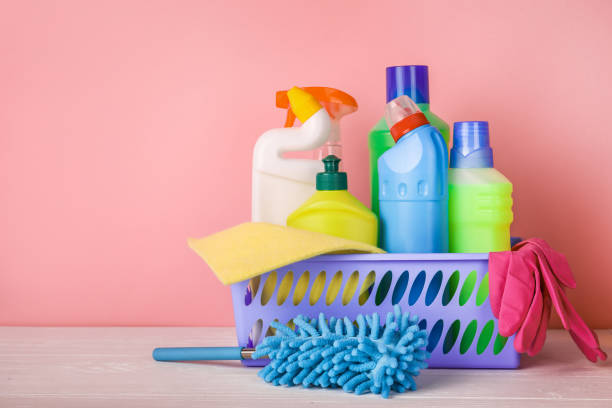 istock Plastic basket with household cleaning products 1214473880