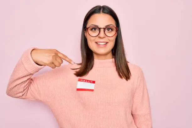 Photo of Young beautiful brunette woman wearing sticker with hello my name is message pointing finger to one self smiling happy and proud