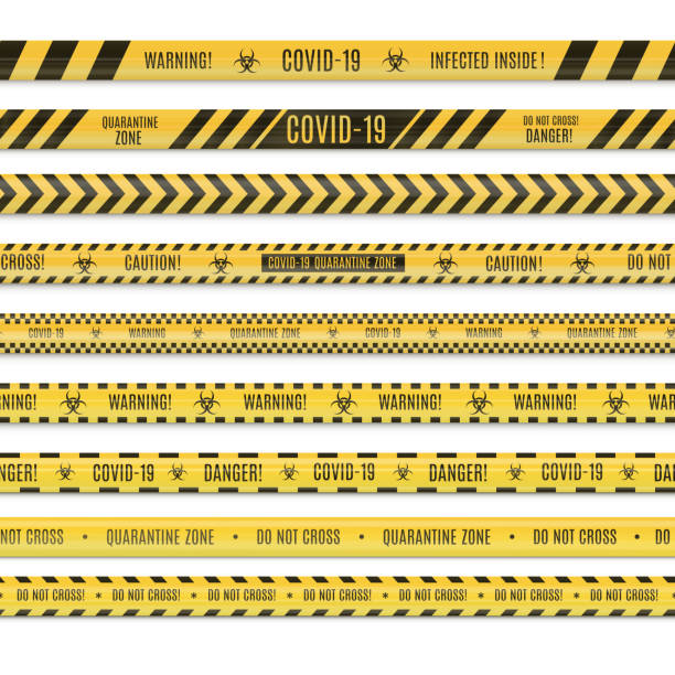 コロナウイルス、黄色と白の安全テープの現実的なシームレスなパターン、警告フェンシングテープ。検疫インフルエンザ。インフルエンザとバイオハザードの危険性についての警告。世界� - 脱ぐ点のイラスト素材／クリップアート素材／マンガ素材／アイコン素材