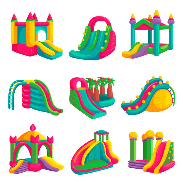 Inflatable bright castle fun for playground set Inflatable bright castle fun for playground set. Childhood activity in the park. Vector flat style cartoon illustration isolated on white background inflatable stock illustrations