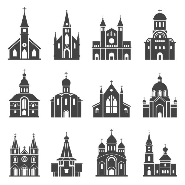 ilustraciones, imágenes clip art, dibujos animados e iconos de stock de conjunto de iconos de la iglesia, edificio espiritual religioso tradicional - cathedral group