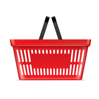 Plastic red basket supermarket and store container. Hypermarket product carry object. Vector flat style cartoon illustration isolated on white background