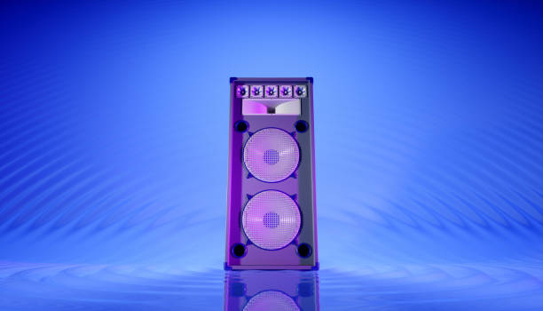 istock blue speaker system on a blue background in purple lighting 1214479798