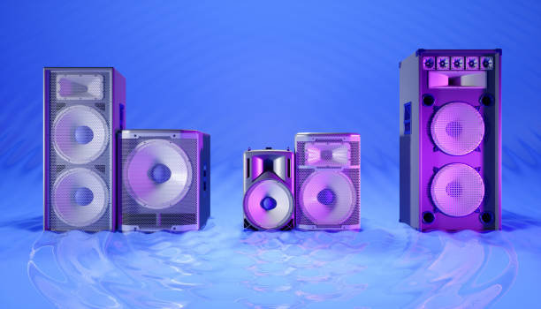 istock blue speaker system on a blue background in purple lighting 1214479973