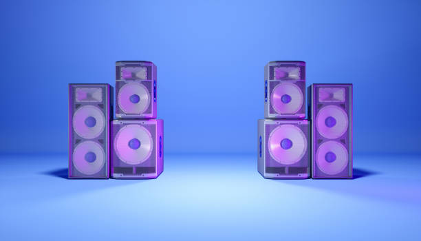 istock blue speaker system on a blue background in purple lighting 1214480104