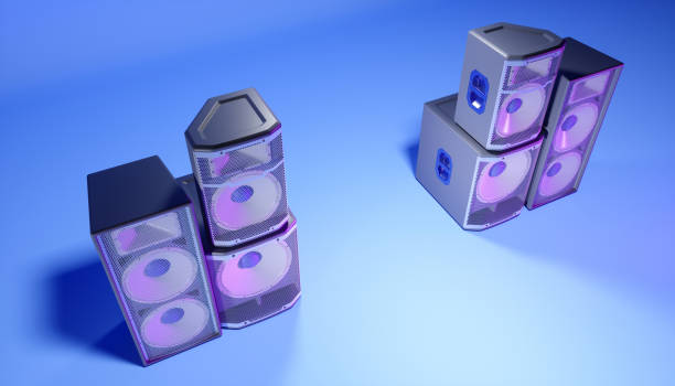 istock blue speaker system on a blue background in purple lighting 1214480156