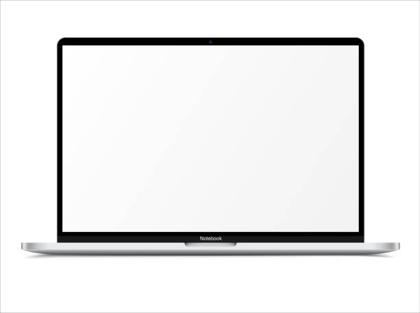 realistyczny srebrny biały notebook z pustym ekranem. 16-calowy skalowalny laptop. może być używany do projektu, prezentacji. pusta makieta urządzenia. oddzielne grupy i warstwy. łatwy do edycji eps vector - laptop stock illustrations