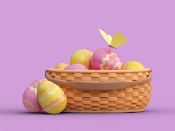 istock Colorful painted easter eggs in brown basket with butterfly on pink background 1214481177