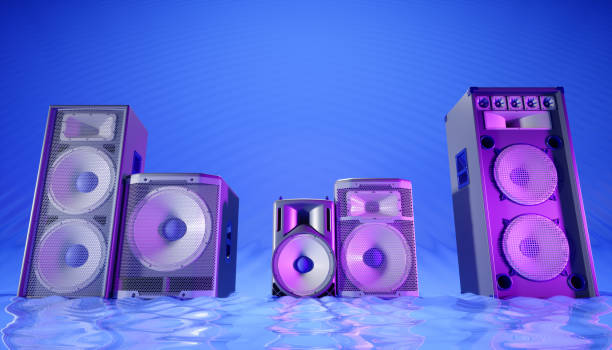 istock blue speaker system on a blue background in purple lighting 1214481179