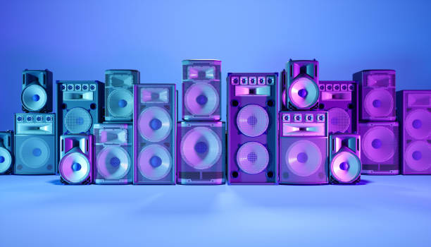 istock blue speaker system on a blue background in purple lighting 1214481429