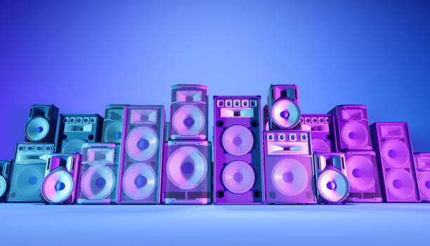 istock blue speaker system on a blue background in purple lighting 1214483287