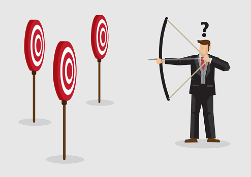 Cartoon businessman holding bow and arrow confused by multiple bullseye target. Creative vector illustration on confusion due to lack of specific goal concept isolated on plain background.