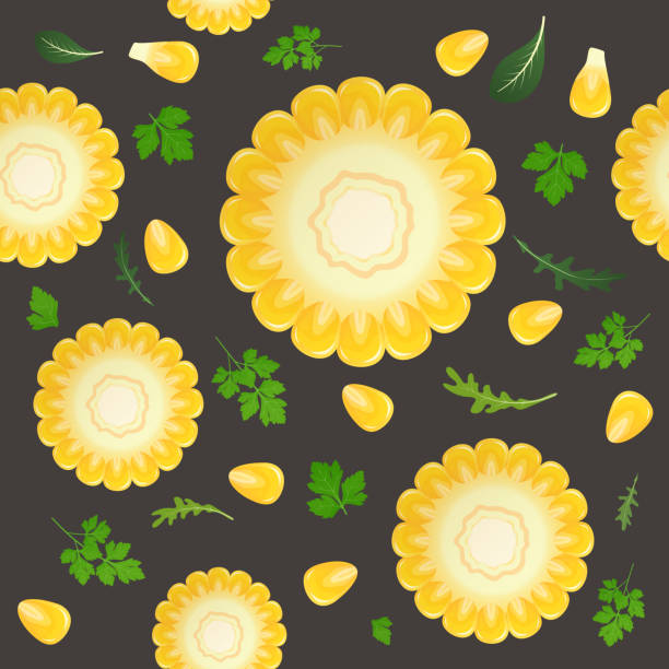 ilustrações de stock, clip art, desenhos animados e ícones de corn cob, isolated on dark background. ripe corn with parsley and arugula leaves. vector illustration. seamless pattern. - corn on the cob corn corn crop white background