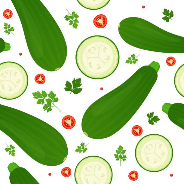 ilustraciones, imágenes clip art, dibujos animados e iconos de stock de rebanadas enteras de calabacín y calabacín aisladas sobre fondo blanco. calabacín maduro con hojas de perejil y chile. ilustración vectorial. patrón sin costuras. - zucchini