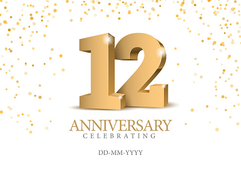 Anniversary 12. gold 3d numbers. Poster template for Celebrating 12th anniversary event party. Vector illustration