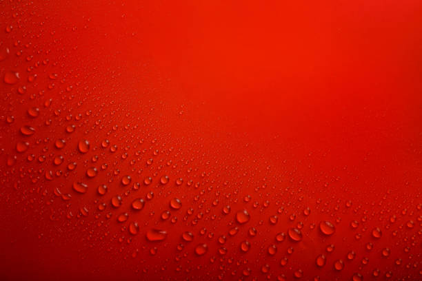 istock Closeup water droplets on red background 1214486799