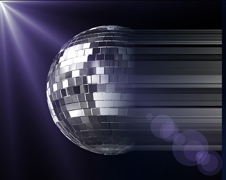 Abstract 3d render with  disco ball and blurred lines on black  and spot  effect.