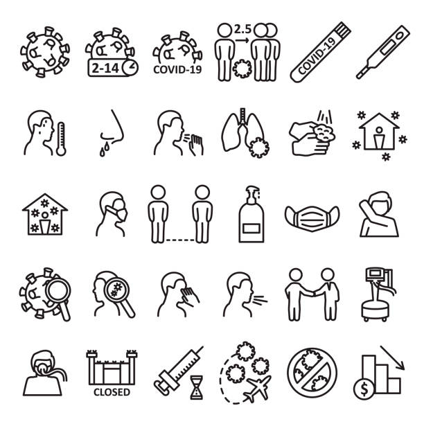 Coronavirus line icon set. Prevention, transmition, advice ant other. Covid-19 virus icon set. Vector. Coronavirus line icon set. Prevention, transmition, advice ant other. Covid-19 virus icon set. Vector. eps10. one point perspective person stock illustrations