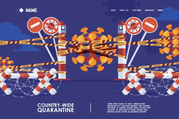Vector illustration of Epidemic quarantine concept landing page banner. Vector scene with border post and barbwire blocks. Coronavirus infection protection