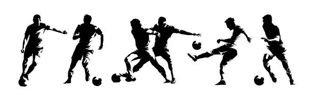 Soccer players, group of footballers. Set of isolated vector silhouettes. Ink drawing. Team sport Soccer players, group of footballers. Set of isolated vector silhouettes. Ink drawing. Team sport athletes stock illustrations
