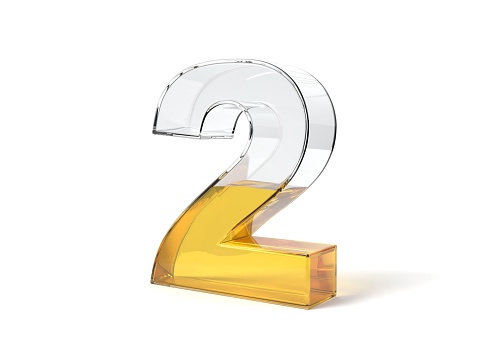 letter 2 shaped glass half filled with yellow liquid. suitable for fuel, oil, honey and any other liquid themes. 3d illustration