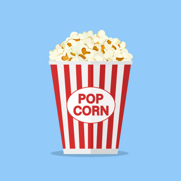 ilustrações, clipart, desenhos animados e ícones de caixa de pipoca em estilo plano. ícone de milho pop símbolo filme de cinema de comida isolado em fundo azul. - popcorn