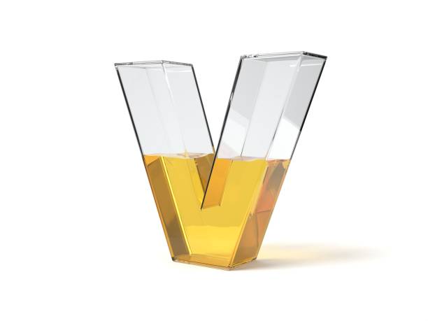 istock letter V shaped glass half filled with yellow liquid. 3d illustration 1214491602