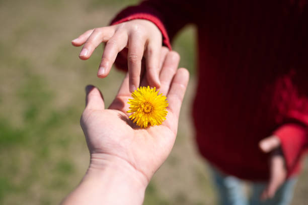 Parent and child handing a dandelion