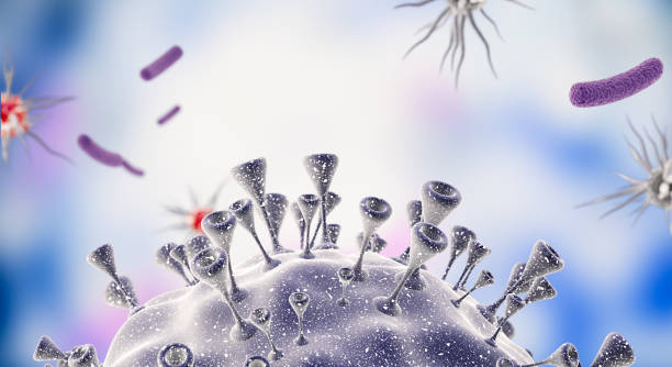 istock Corona virus. Covid-19 virus cells or bacteria molecule. Flu, view of a virus under a microscope, infectious disease. Germs, bacteria, cell infected organism. Virus H1N1, Swine Flu. 3d Rendering. 1214493162