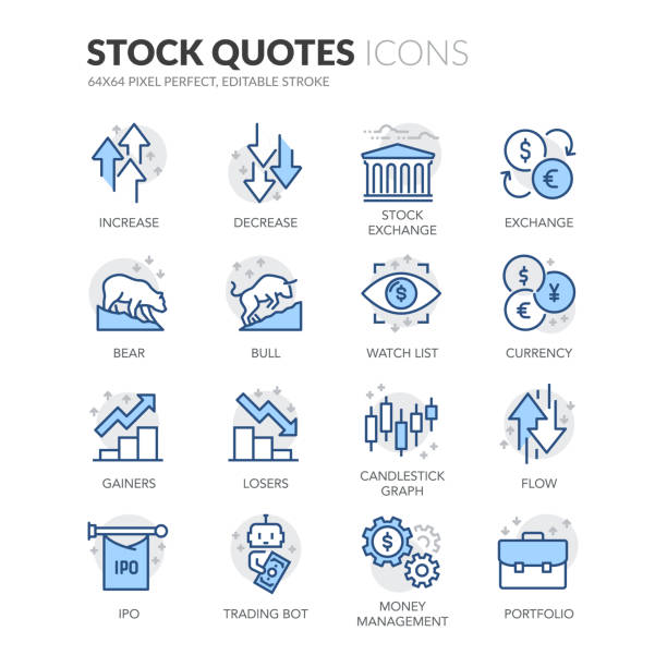 Line Stock Quotes Icons Simple Set of Stock Quotes Related Vector Line Icons. 
Contains such Icons as IPO, Portfolio, Money Management and more.
Editable Stroke. 64x64 Pixel Perfect. banking symbols stock illustrations