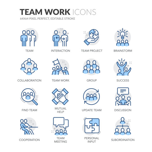ilustraciones, imágenes clip art, dibujos animados e iconos de stock de iconos de trabajo en equipo de línea - collaboration
