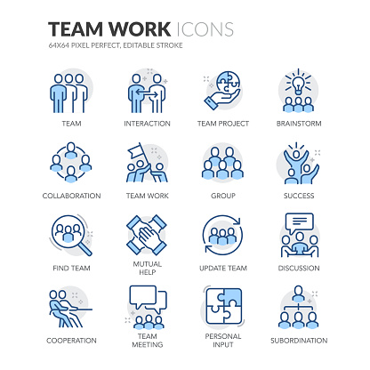 Simple Set of Team Work Related Vector Line Icons. 
Contains such Icons as Cooperation, Collaboration, Team Meeting and more.
Editable Stroke. 64x64 Pixel Perfect.