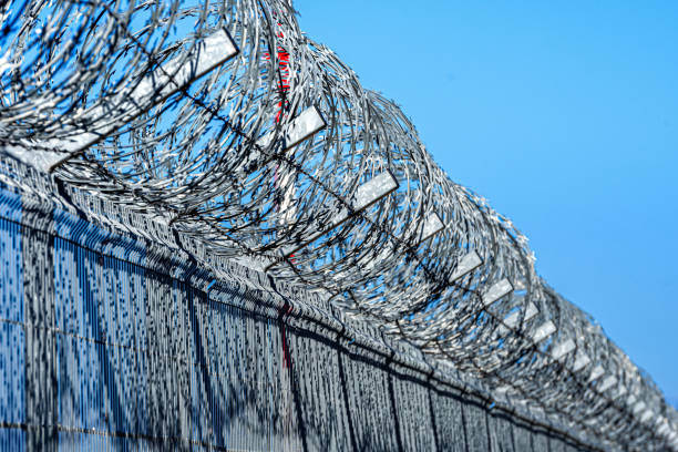 istock fence with barbed wire against blue sky with clouds 1214495108
