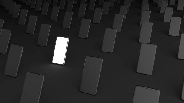 The Smartphone white screen is surrounded by many black Smartphone. Striking white Smartphone. Smartphone white screen Isolated on Simple black background,illustration, Minimalist Black, 3D rendering.