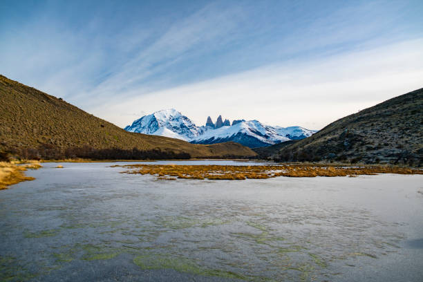 Frozen lake and Torres del Paine Mountains in Patagonia, postcard of the National park