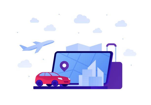 ilustrações de stock, clip art, desenhos animados e ícones de car sharing and taxi concept. vector flat person illustration. red car on laptop. building city map and pin on screen. airplane and clouds on background. design element for banner, poster, ui, web. - business travel