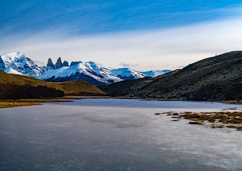 Frozen lake and Torres del Paine Mountains in Patagonia, postcard of the National park