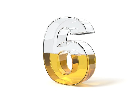Number 6 shaped glass half filled with yellow liquid. suitable for fuel, oil, honey and any other liquid themes. 3d illustration