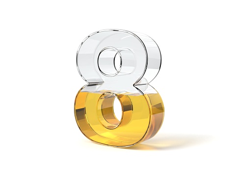 Number 8 shaped glass half filled with yellow liquid. suitable for fuel, oil, honey and any other liquid themes. 3d illustration
