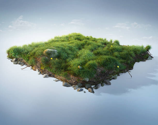 viajes y vacaciones. ilustración en 3d con corte del suelo y la hermosa hierba y rocas. hierba de bebé aislada en azul. - cut grass fotografías e imágenes de stock