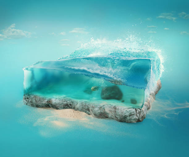 travel and vacation background. 3d illustration with cut of the ground and the beautiful sea underwater. baby sea isolated on blue. - bottom sea imagens e fotografias de stock