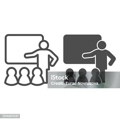 istock Lecturer blackboard with students line and solid icon. Lecture or training lesson symbol, outline style pictogram on white background. Teamwork sign for mobile concept, web design. Vector graphics. 1214501037