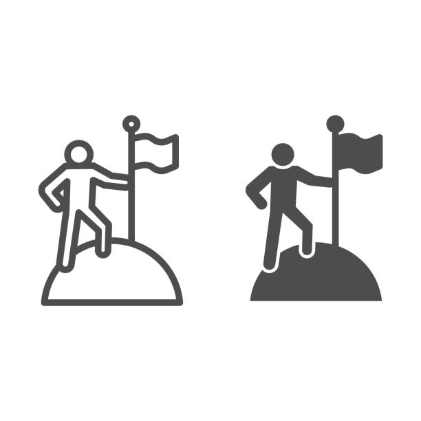 Man on top of mountain with flag line and solid icon. Discoverer, victory person symbol, outline style pictogram on white background. Teamwork sign for mobile concept and web design. Vector graphics. Man on top of mountain with flag line and solid icon. Discoverer, victory person symbol, outline style pictogram on white background. Teamwork sign for mobile concept and web design. Vector graphics top honor stock illustrations