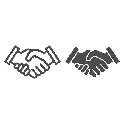 Mans handshake line and solid icon. Business shake, deal agreement symbol, outline style pictogram on white background. Teamwork or teambuilding sign for mobile concept or web design. Vector graphics
